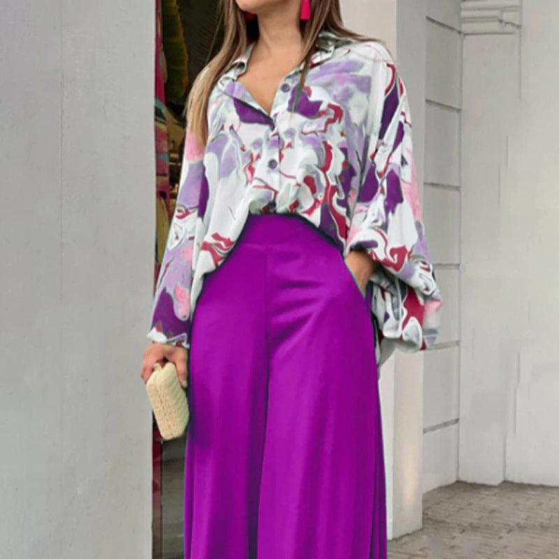 Women's Printed Shirt Wide Leg Pants Fashion Casual Set See size chart under “more details” The Fashion Celestial