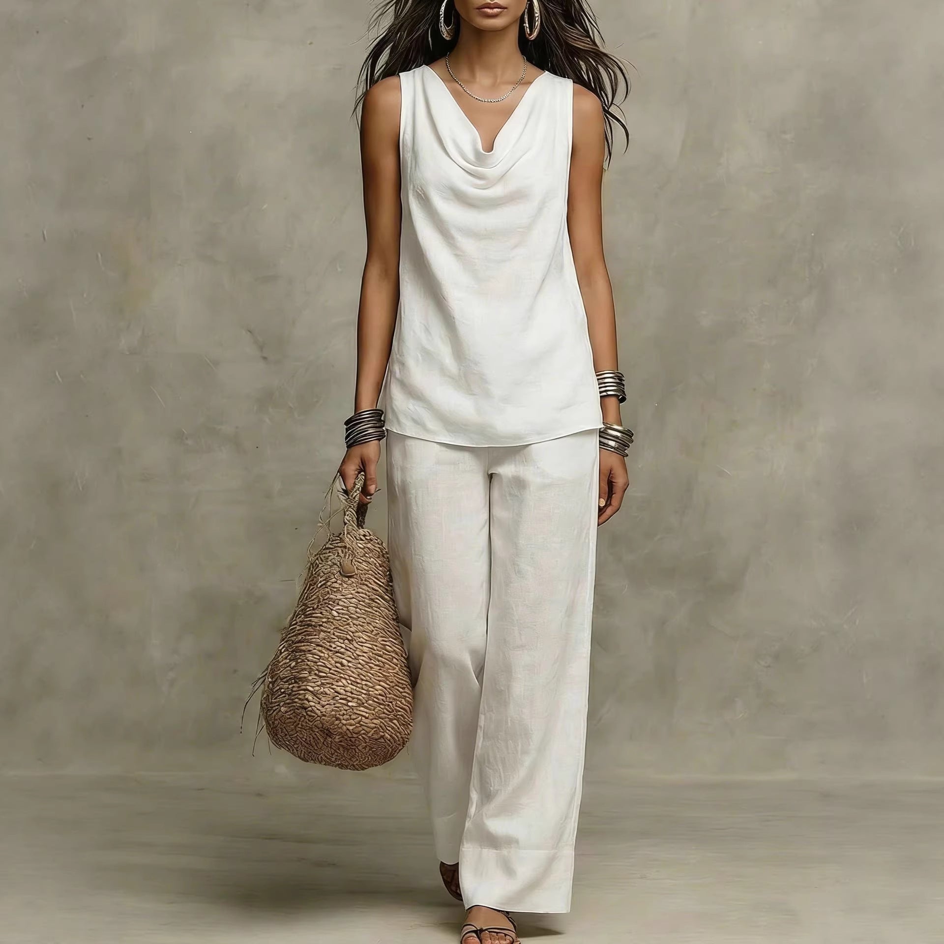 Women's Slash-Neck Sleeveless Tank Top & Casual Pants Set FitiqueFit