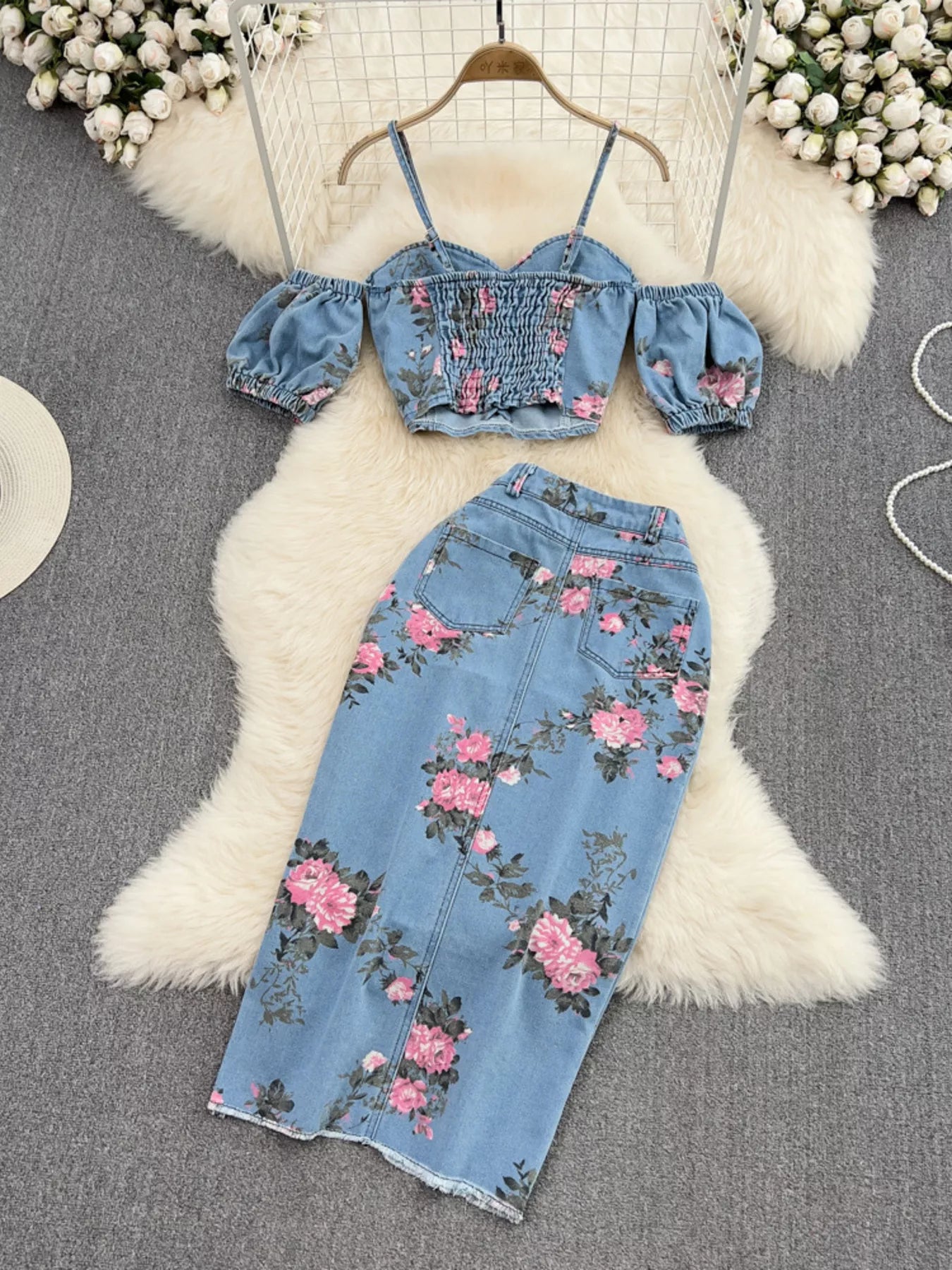 Floral Print Sweetheart Neck Cami and Skirt Denim Set New Era Fashion LLc