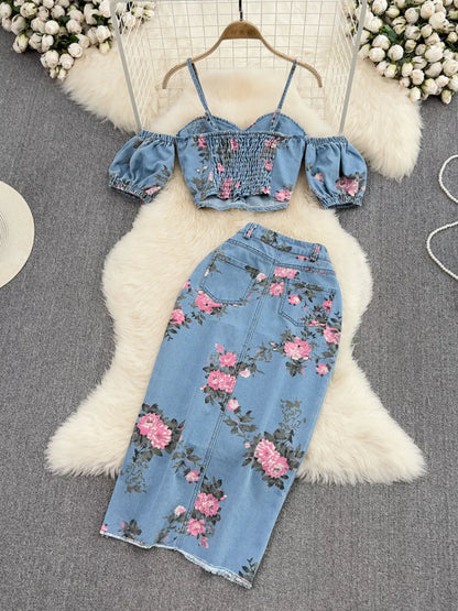 Floral Print Sweetheart Neck Cami and Skirt Denim Set New Era Fashion LLc
