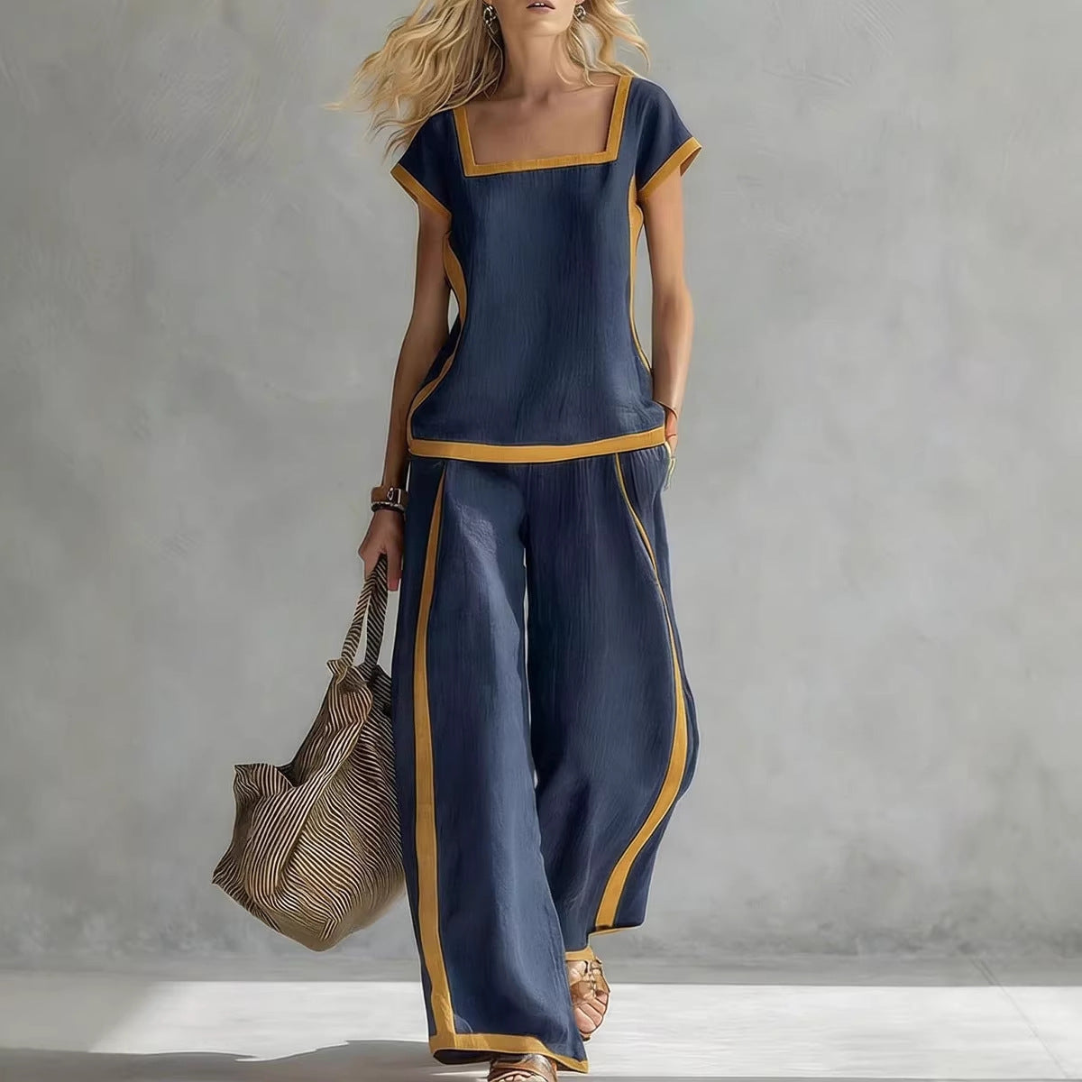 Square-Neck Three-Quarter Sleeve Loose Top & Pants Two-Piece Set FitiqueFit
