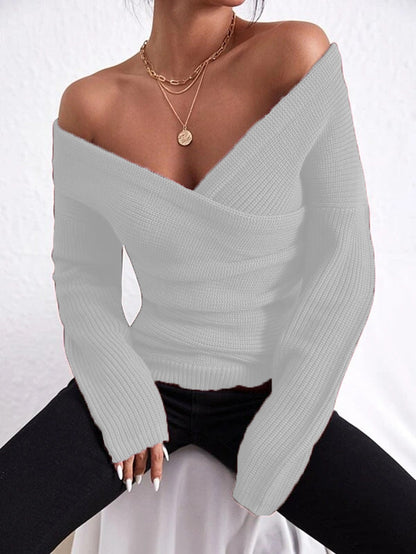 Women's Off-Shoulder Crossover Knit Sweater – Slim Fit Long Sleeve FitiqueFit