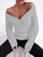 Women's Off-Shoulder Crossover Knit Sweater – Slim Fit Long Sleeve FitiqueFit