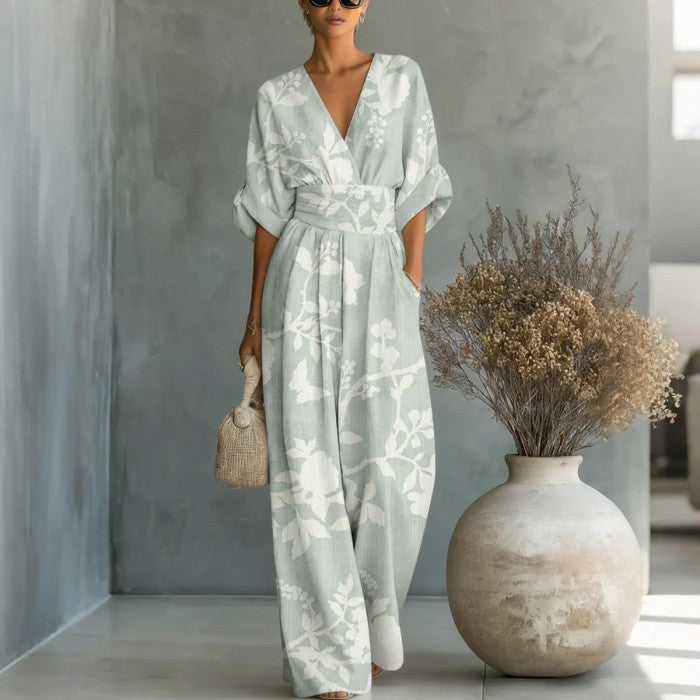 Women's Waist-Cinched V-Neck Printed Wide-Leg Jumpsuit FitiqueFit