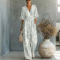 Women's Waist-Cinched V-Neck Printed Wide-Leg Jumpsuit FitiqueFit