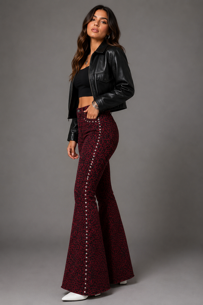 Studded Leopard Print Bell Bottom Pant in Wine GJG DENIM