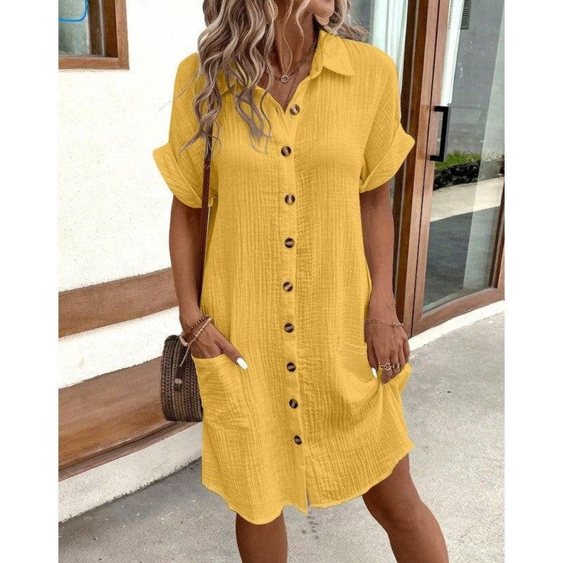 Women's Cotton Linen Shirt Dress – V-Neck Button-Front A-Line Dress FitiqueFit