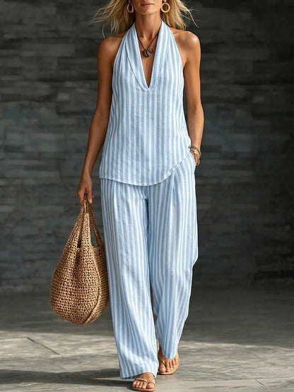 Women's Striped Sleeveless Top & Wide-Leg Pants Set – Fashionable 2-Piece FitiqueFit