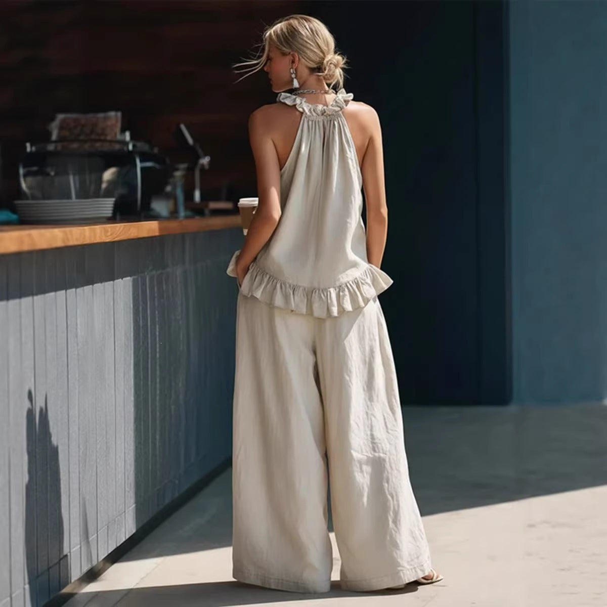 Halterneck Loose Two-Piece Set | Pleated Asymmetric Pocket Set FitiqueFit
