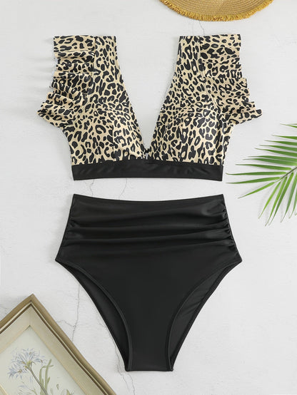 Bikini Black Solid Color Ruffle V Neck 2 Piece Swimsuit for Women – High Waisted Flattering Bikini Set with Lettuce Trim Bottoms – Sleek Stretchy Fabric Swimwear for Beach Days Poolside Style and Summer Vacation Looks Stevvex