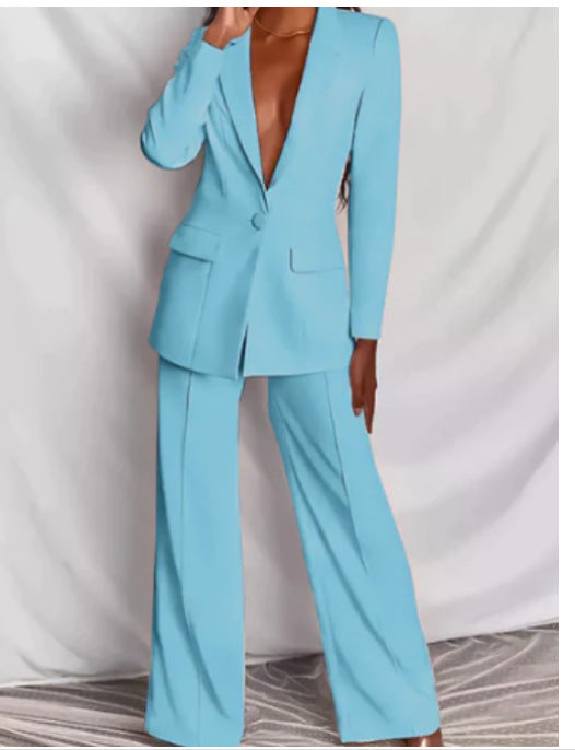 Lapel Button-Down Blazer & Straight-Leg Trousers Suit FitiqueFit