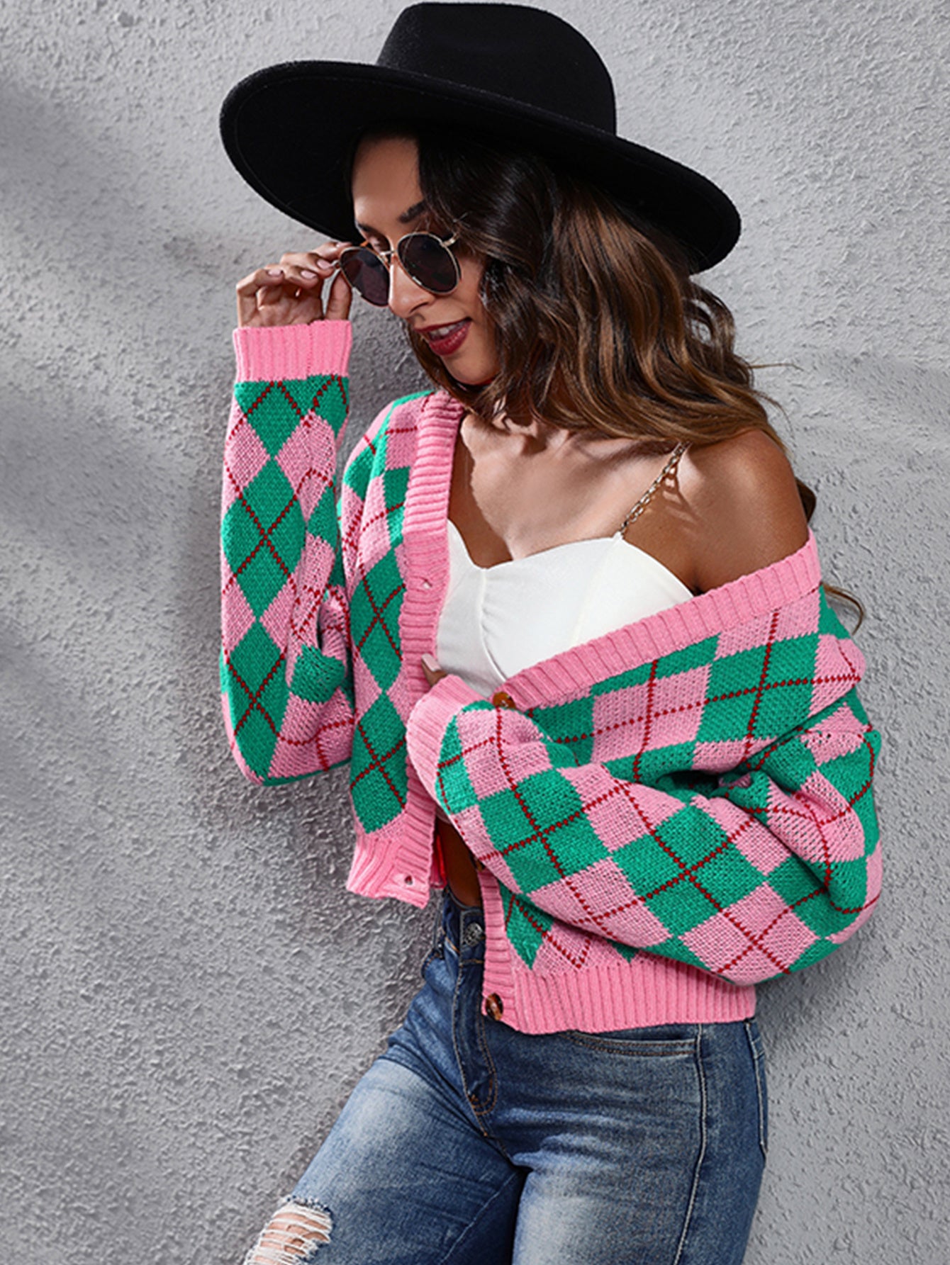 Women'S Elegant Tartan Knit Cardigan, V-Neck Short Length Sweater with Button Detail, Acrylic 100% Long Sleeve Knitwear for Fall/Winter NovaCart