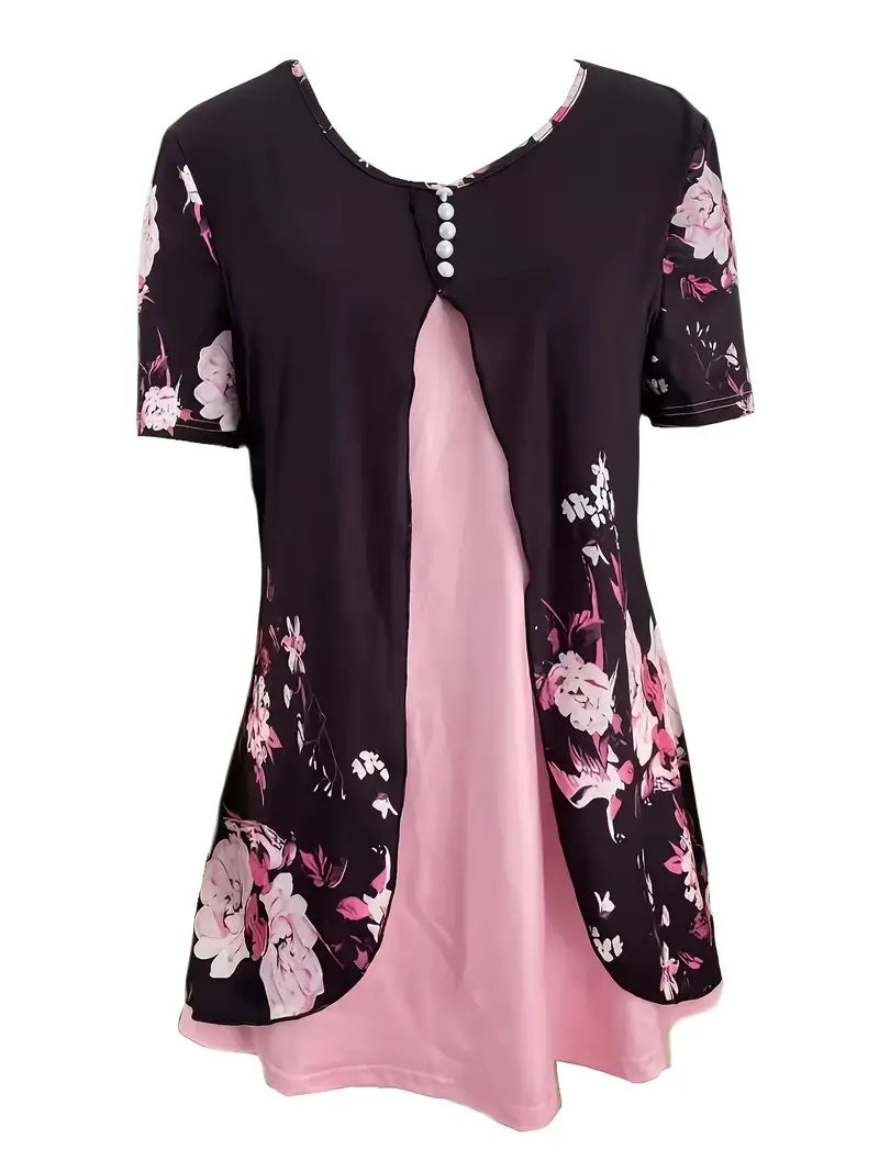 Women’s Printed Faux Two-Piece V-Neck Short Sleeve Top FitiqueFit