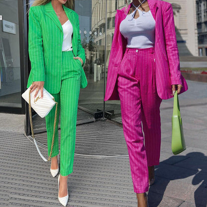 Women's Fashion Temperament Striped Lapel Two-piece Set See size chart under “more details” The Fashion Celestial
