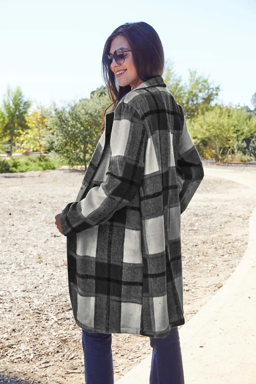 Double Take Full Size Plaid Button Up Lapel Collar Coat West2East Surf