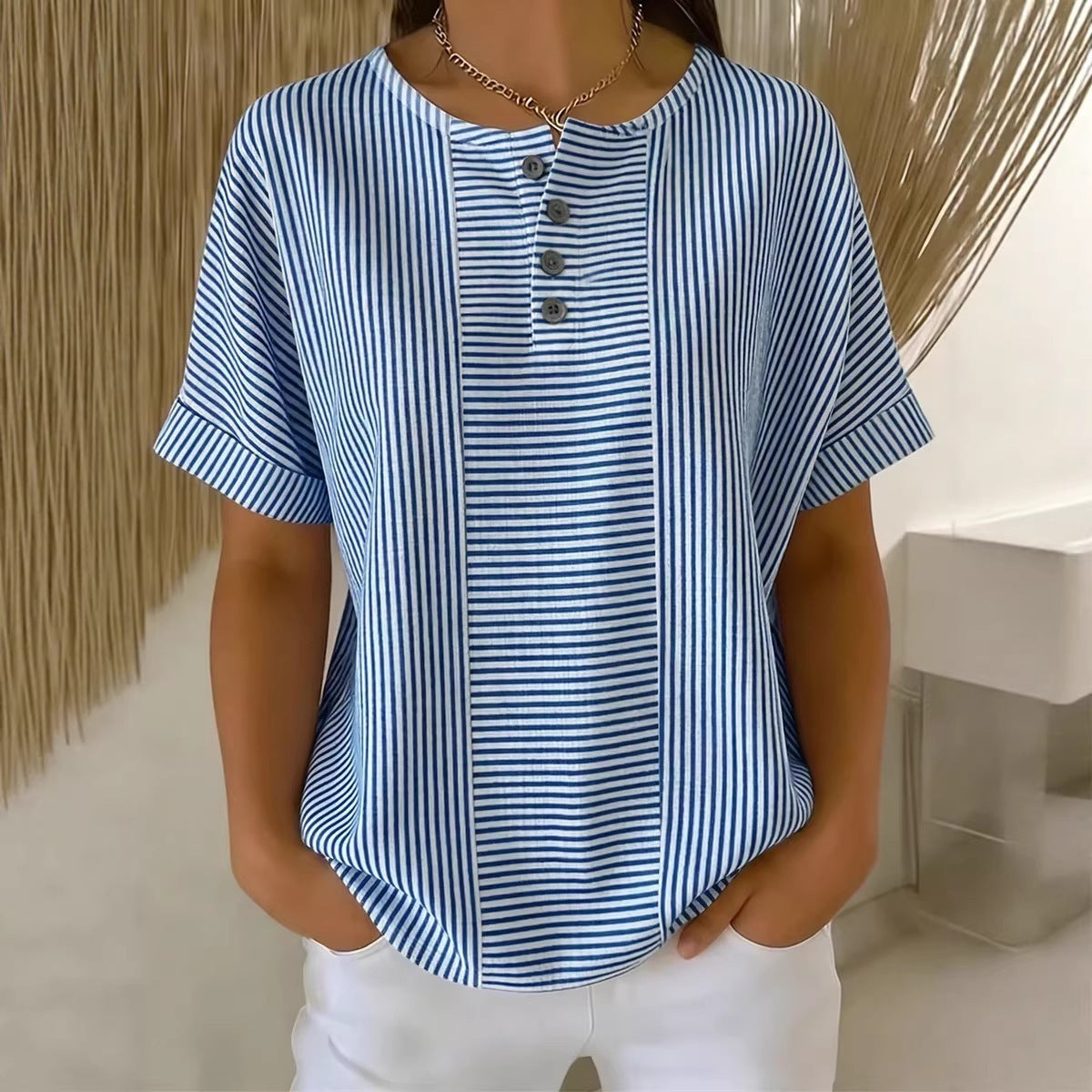 Women's Cotton Linen Striped T-Shirt – V-Neck, Button Detail, Loose Fit FitiqueFit