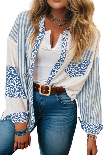 Sky Blue Leopard Striped Patchwork Casual Plus Shirt Garden Naked Curves