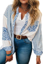 Sky Blue Leopard Striped Patchwork Casual Plus Shirt Garden Naked Curves