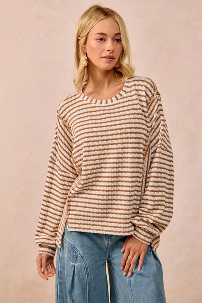 BiBi Open Seam Detail Textured Stripe Knit Top West2East Surf