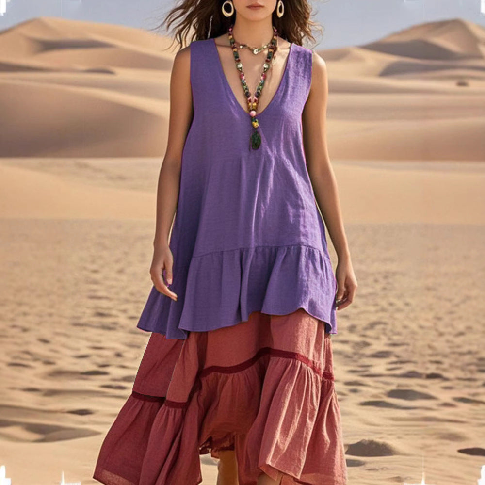 Women's Sleeveless Color-Block Patchwork Maxi Dress – V-Neck FitiqueFit