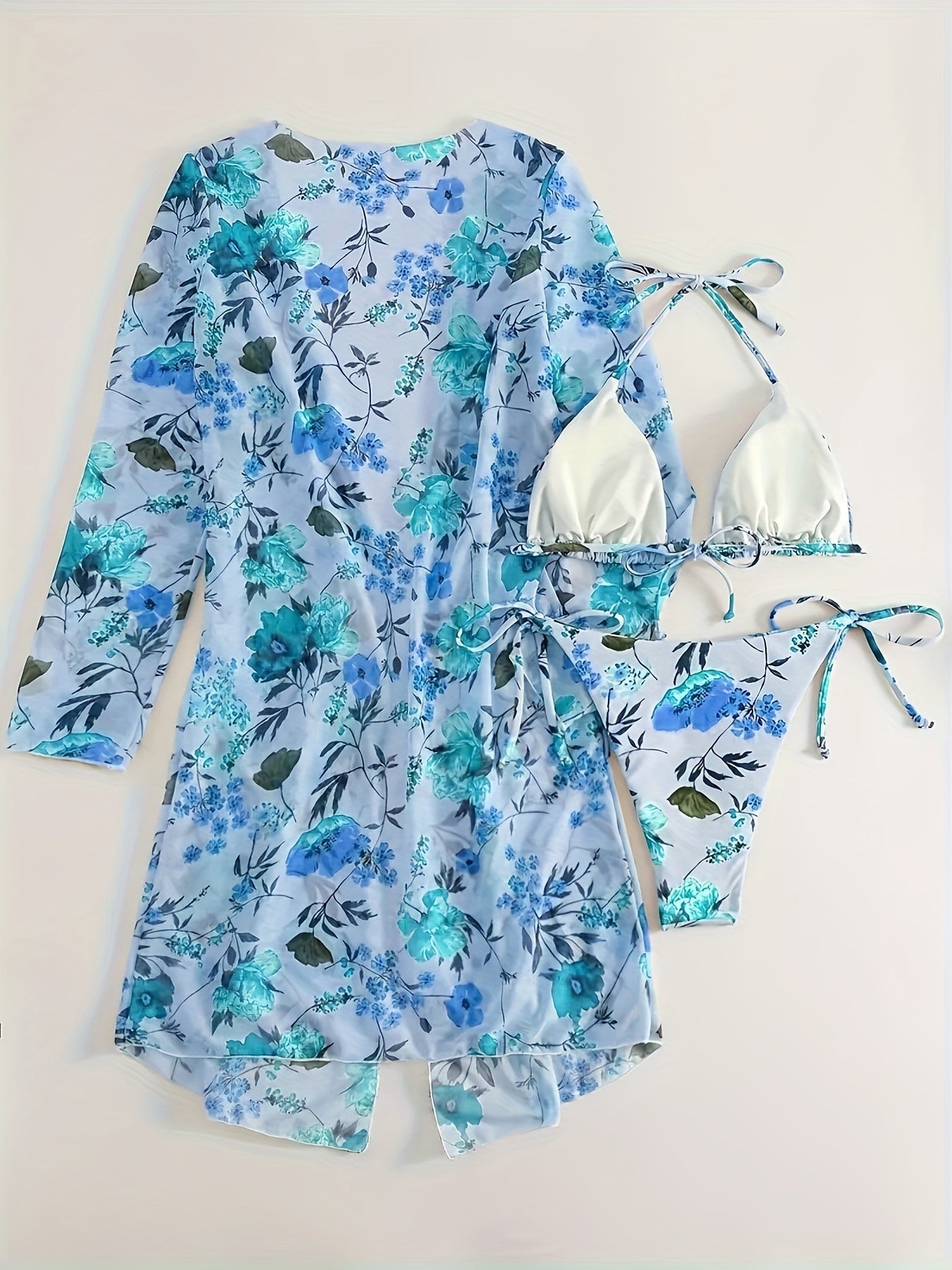 Bikini European Style Floral Print 3 Piece Swimsuit Set for Women – Sexy V Neck Bikini with Cross Strap Detail and Matching Long Sleeve Cover-Up – High Stretch Trendy Swimwear for Summer Beach Vacations Resort Looks and Poolside Fashion Stevvex