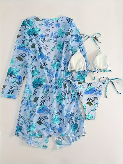 Bikini European Style Floral Print 3 Piece Swimsuit Set for Women – Sexy V Neck Bikini with Cross Strap Detail and Matching Long Sleeve Cover-Up – High Stretch Trendy Swimwear for Summer Beach Vacations Resort Looks and Poolside Fashion Stevvex