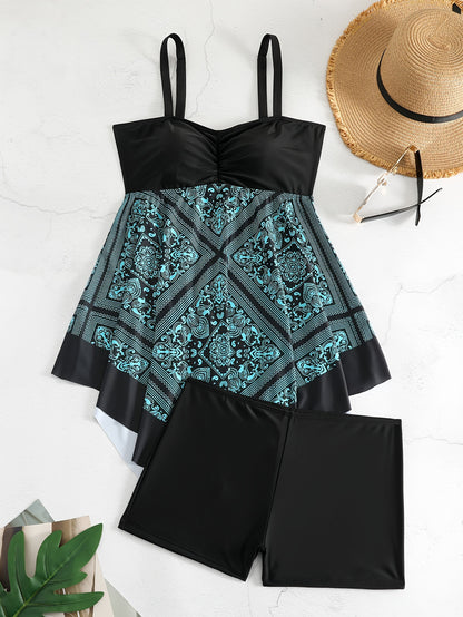 Plus Size Women's Printed Two-Piece Skirt Swimsuit, Sexy Printed Swimwear, Plus Size Style NovaCart