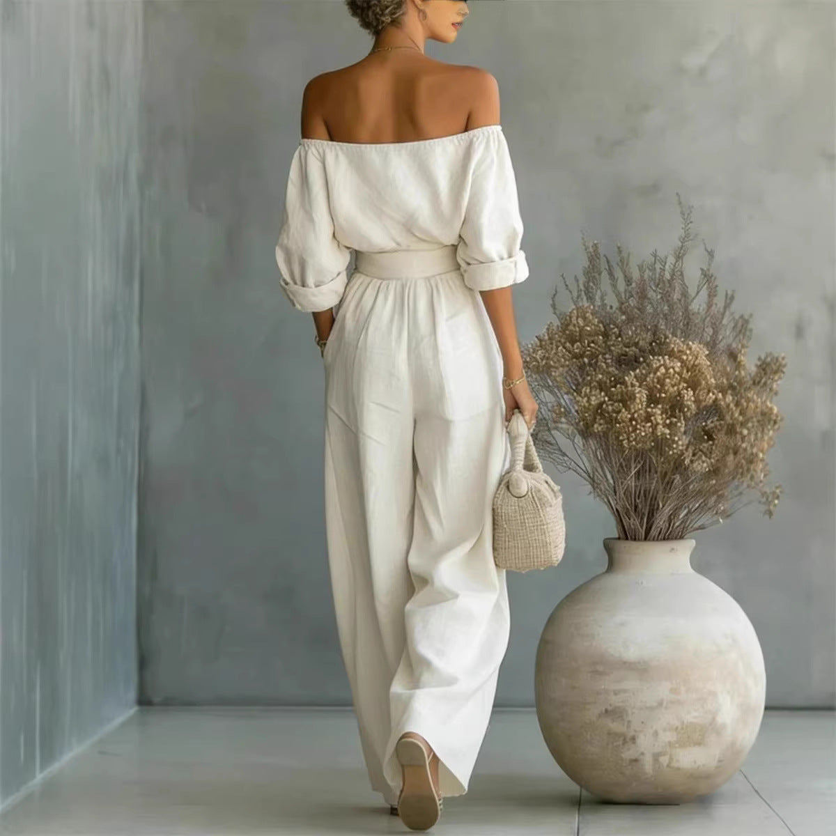 Women's Off-Shoulder Long-Sleeve Top & Wide-Leg Pants Two-Piece Set FitiqueFit