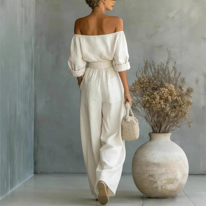 Women's Off-Shoulder Long-Sleeve Top & Wide-Leg Pants Two-Piece Set FitiqueFit
