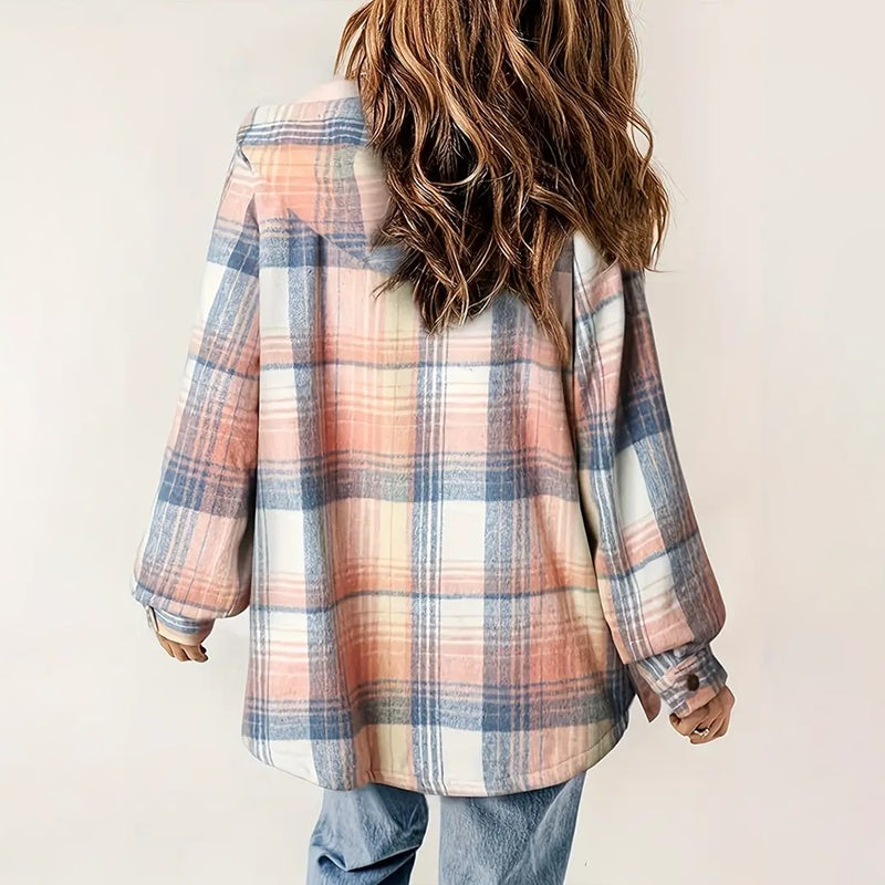 Women's Plaid Button-Up Long Sleeve Jacket Fall Winter  Flap Button Pocket Design Casual Hooded Fleece-Lined Warm Coat See size chart under “more details” The Fashion Celestial
