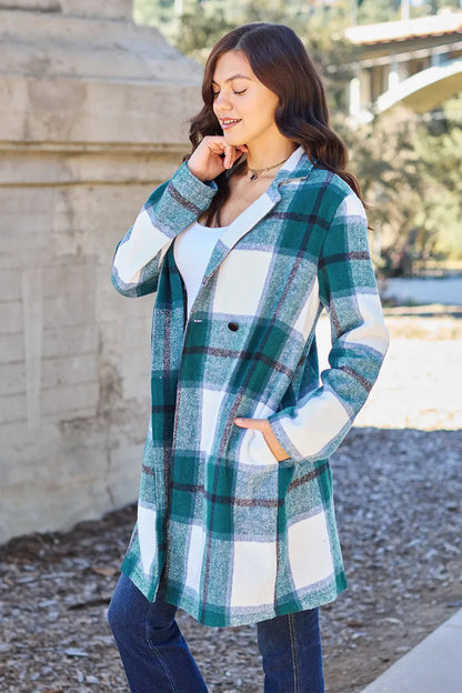 Double Take Full Size Plaid Button Up Lapel Collar Coat West2East Surf