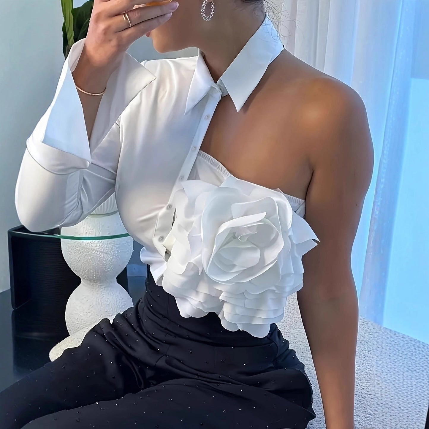 White Blouse With A One-shoulder TOP See size chart under “more details” The Fashion Celestial