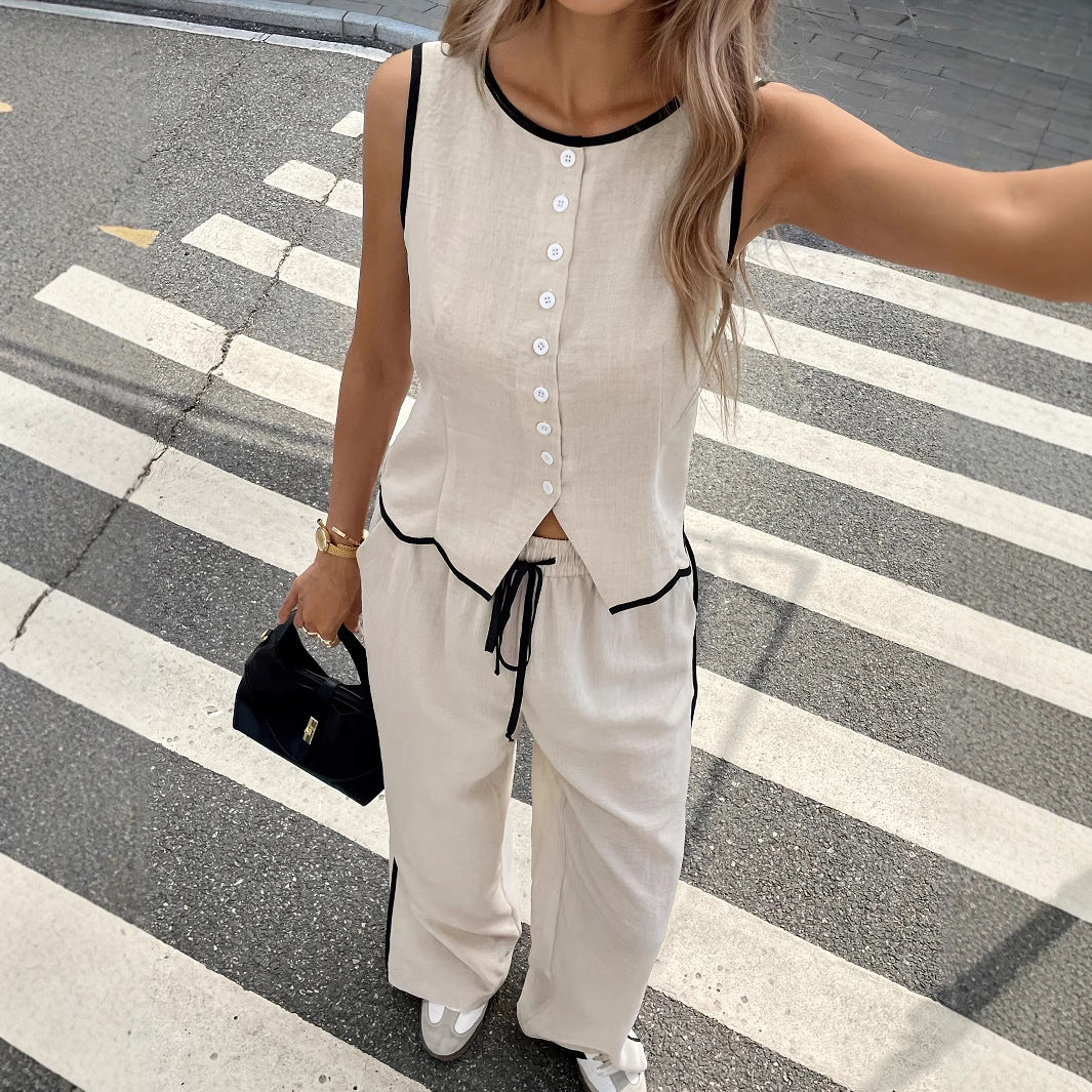 Women's Contrast Color Sleeveless Vest & Drawstring Trousers Suit – 6 Colors S–XXL FitiqueFit