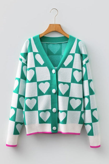 Valentines Heart Checker Buttoned V-Neck Cardigan Shop Style & More | Fresh Looks, Everyday Deals & Free Shipping