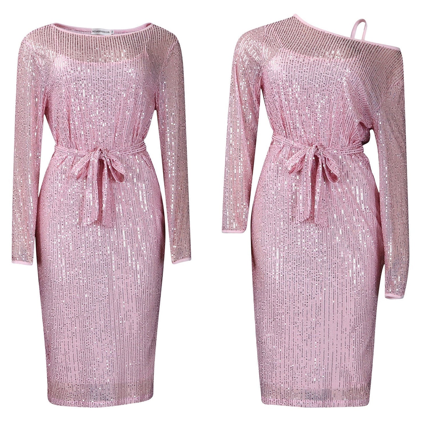 Diagonal Collar Sequined Round Neck Evening Dress Two-piece Set Grayceful LLC