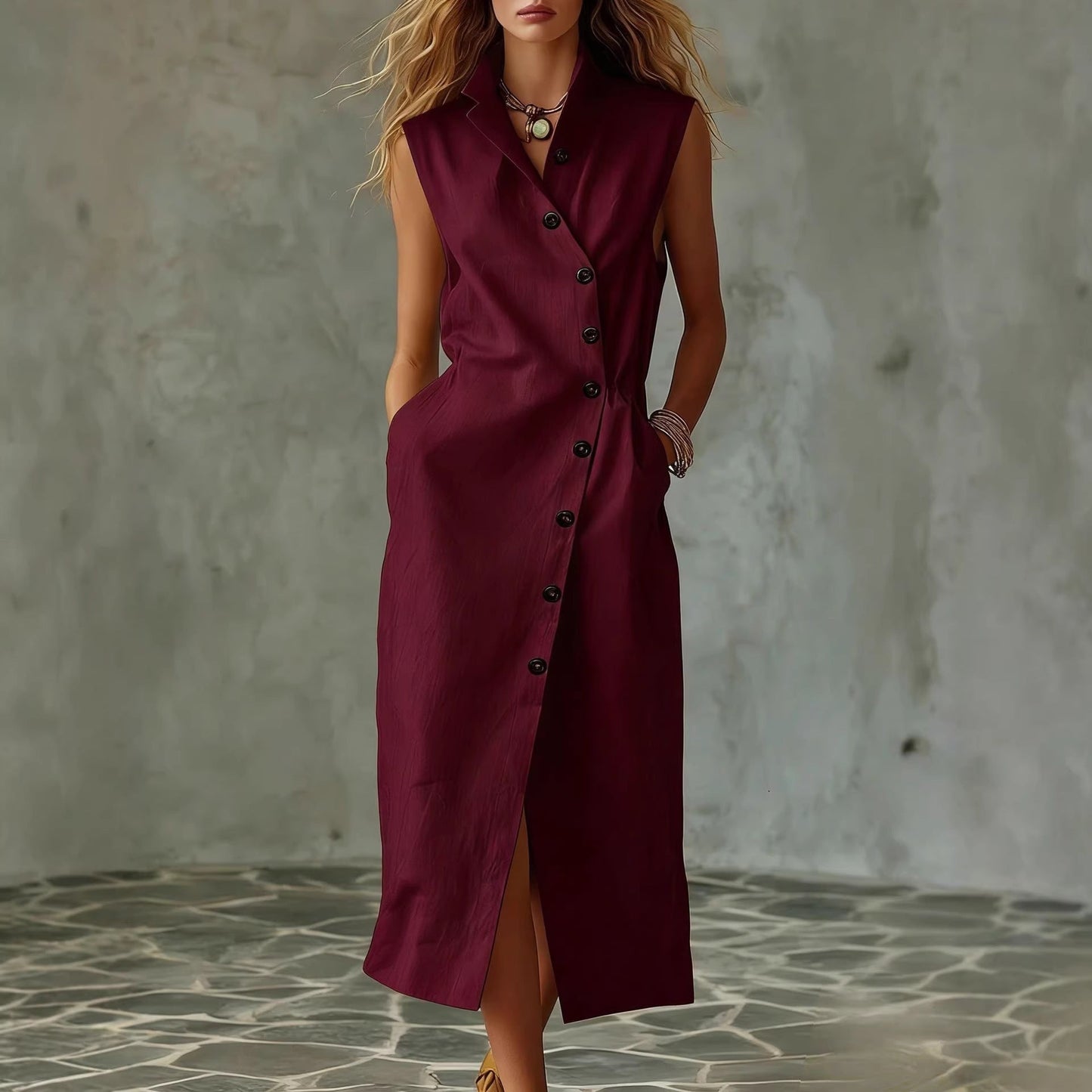 Women's Slim-Fit Sleeveless Stand Collar Pleated Midi Dress FitiqueFit