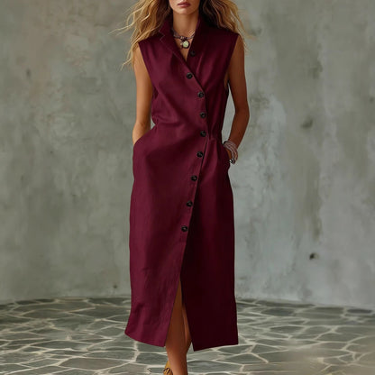 Women's Slim-Fit Sleeveless Stand Collar Pleated Midi Dress FitiqueFit
