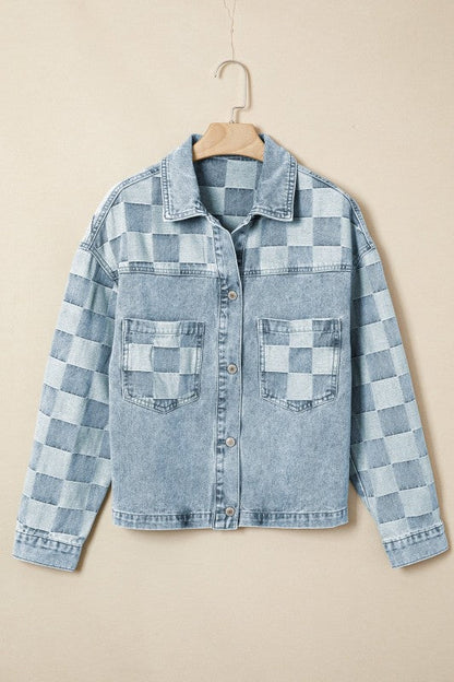 Checker Patchwork Denim Buttoned Jacket See size chart under “more details” The Fashion Celestial