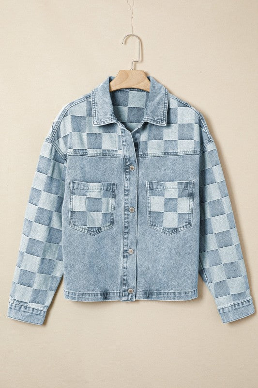 Checker Patchwork Denim Buttoned Jacket See size chart under “more details” The Fashion Celestial