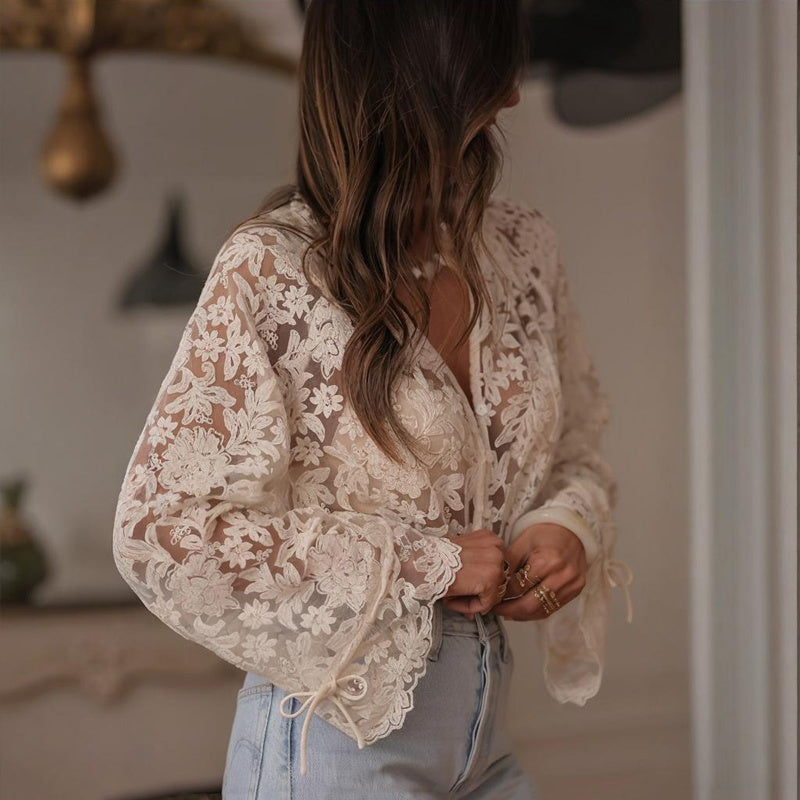Boho Lace Embroidered V-Neck Blouse FitiqueFit