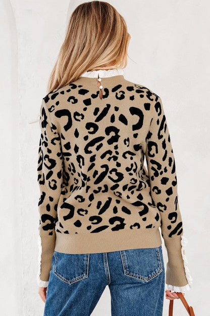 Leopard Lace Ribbed Trim Buttoned Cuff Sweater Shop Style & More | Fresh Looks, Everyday Deals & Free Shipping