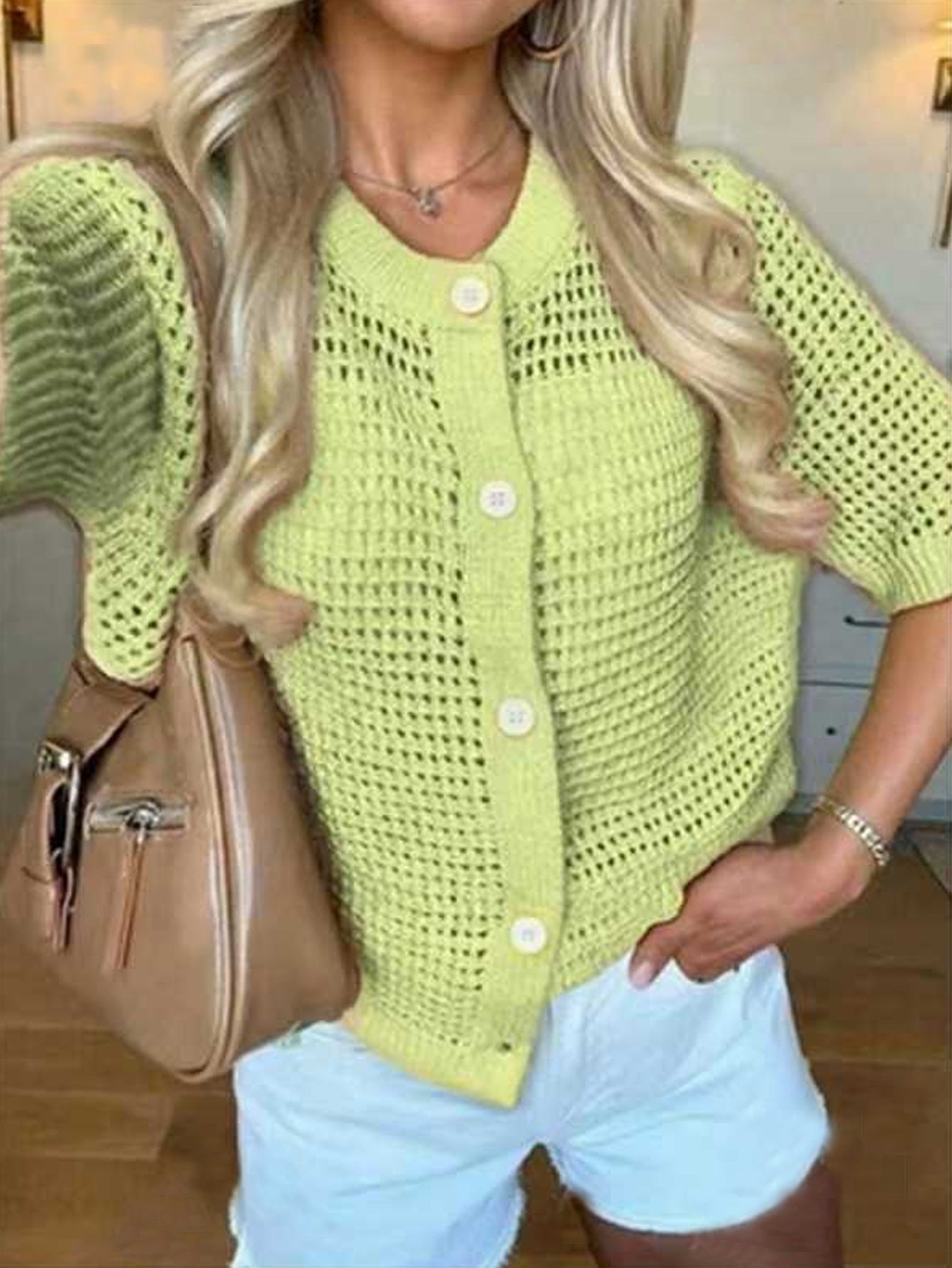 Women's Hollow-Out Knit Cardigan – Open Front, Short Sleeve, Solid Color FitiqueFit