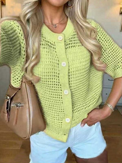 Women's Hollow-Out Knit Cardigan – Open Front, Short Sleeve, Solid Color FitiqueFit