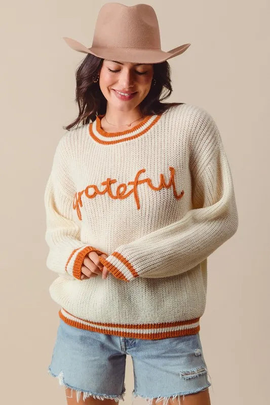 SO ME Thanksgiving Grateful Lettering Stitch Sweater West2East Surf