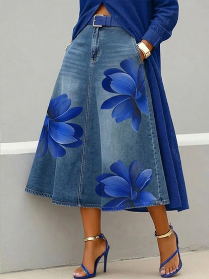 Women's Floral Print A-Line Midi Skirt – Denim-Style Boho Skirt FitiqueFit