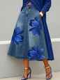 Women's Floral Print A-Line Midi Skirt – Denim-Style Boho Skirt FitiqueFit