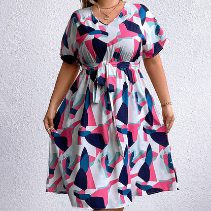 Summer Trendy Geometric Pattern Multi-color Mosaic Women's Plus Size V-neck Dress See size chart under “more details” The Fashion Celestial