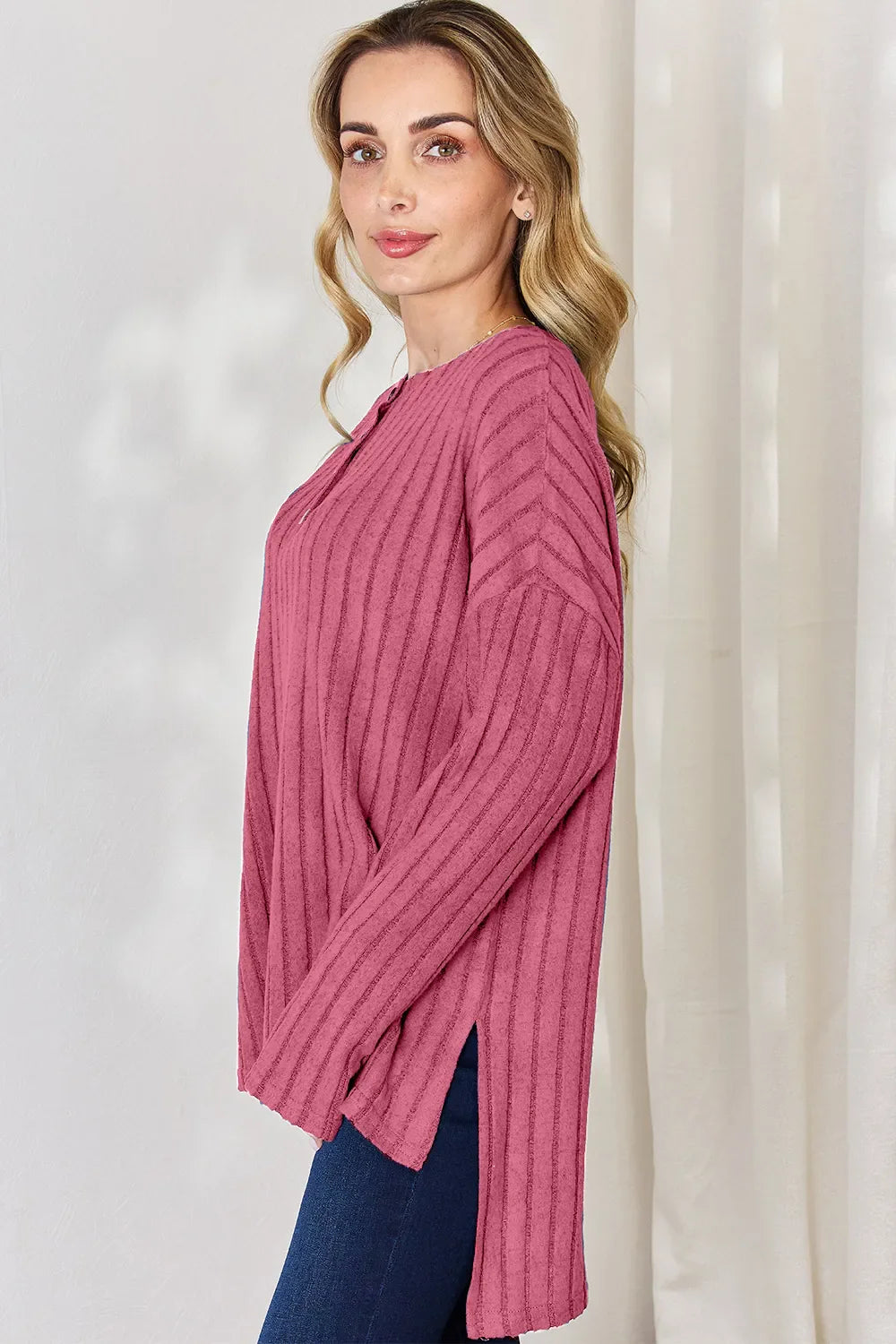 Basic Bae Full Size Ribbed Half Button Long Sleeve High-Low T-Shirt New Era Fashion LLc