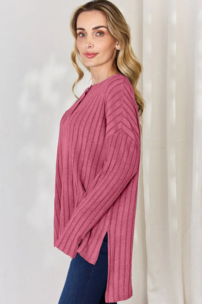 Basic Bae Full Size Ribbed Half Button Long Sleeve High-Low T-Shirt New Era Fashion LLc