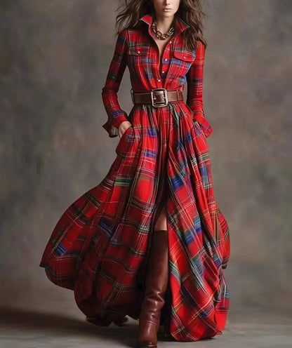 Women's Plus Size Plaid Print Long Sleeve Shirt Dress with Pockets FitiqueFit